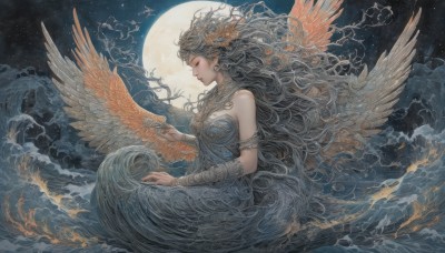 1girl,solo,long hair,breasts,hair ornament,dress,bare shoulders,jewelry,medium breasts,sitting,very long hair,closed mouth,closed eyes,grey hair,earrings,wings,sky,cloud,water,necklace,bracelet,from side,lips,strapless,profile,night,floating hair,blue dress,bird,wavy hair,moon,feathers,star (sky),night sky,strapless dress,feathered wings,full moon,armlet,starry sky,bracer,waves