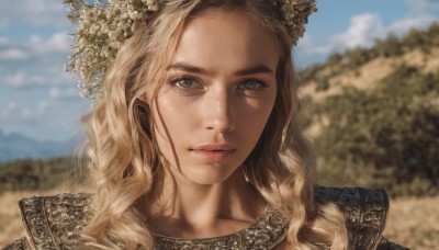 1girl,solo,long hair,looking at viewer,blonde hair,hair ornament,outdoors,parted lips,sky,day,cloud,blurry,tree,blue sky,lips,grey eyes,depth of field,blurry background,wavy hair,portrait,freckles,curly hair,realistic,nose,blue eyes,closed mouth,green eyes,cloudy sky,crown,close-up