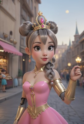 1girl,long hair,breasts,looking at viewer,blush,smile,multiple girls,brown hair,dress,holding,2girls,cleavage,bare shoulders,brown eyes,jewelry,collarbone,braid,grey hair,earrings,small breasts,outdoors,parted lips,food,sky,solo focus,day,artist name,hand up,necklace,hair bun,nail polish,blurry,lips,fingernails,eyelashes,single braid,strapless,double bun,makeup,depth of field,blurry background,holding food,tiara,crown,building,gem,pink dress,strapless dress,hair over shoulder,pink nails,armlet,pendant,city,holding flower,bracer,princess,flower,3girls,watermark,thick eyebrows,web address,freckles