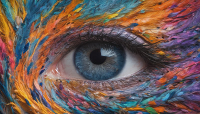 solo, looking at viewer, blue eyes, eyelashes, close-up, 1other, colorful, abstract, eye focus