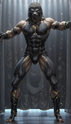 solo,long hair,looking at viewer,black hair,gloves,1boy,bare shoulders,jewelry,nipples,standing,full body,yellow eyes,male focus,thighs,dark skin,fingerless gloves,bodysuit,mask,muscular,facial hair,thick thighs,piercing,abs,dark-skinned male,outstretched arms,pectorals,muscular male,bara,glowing eyes,beard,large pectorals,bulge,mature male,spread arms,nipple piercing,manly,biceps,wrestling outfit,thick arms,open mouth,red eyes,navel,teeth,armband,chest hair,black skin