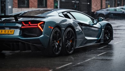 solo,1boy,outdoors,blurry,no humans,blurry background,ground vehicle,motor vehicle,car,road,vehicle focus,police,wheel,sports car,night,rain