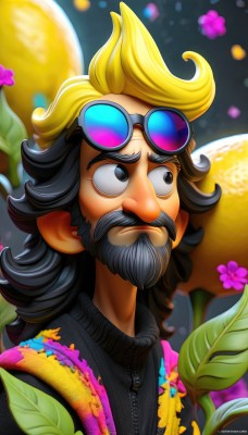 solo,blonde hair,black hair,1boy,closed mouth,jacket,upper body,flower,male focus,multicolored hair,artist name,black eyes,two-tone hair,black jacket,facial hair,leaf,watermark,sunglasses,portrait,eyewear on head,beard,zipper,mustache,purple flower,blurry,frown,moon,web address,planet,earth (planet),deviantart username