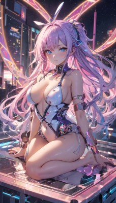 1girl,solo,long hair,breasts,looking at viewer,blush,bangs,blue eyes,large breasts,hair ornament,navel,animal ears,cleavage,bare shoulders,medium breasts,sitting,very long hair,closed mouth,pink hair,purple hair,thighs,sky,barefoot,stomach,rabbit ears,collar,leotard,wrist cuffs,bare legs,kneeling,detached collar,night,fake animal ears,one side up,playboy bunny,building,revealing clothes,seiza,white leotard,center opening,cityscape,arm strap,collarbone,full body,armlet,science fiction,android,barcode,mechanical parts