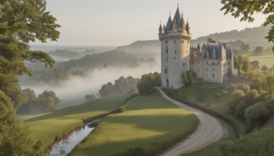 outdoors,sky,day,cloud,water,tree,no humans,grass,building,nature,scenery,forest,mountain,road,river,castle,tower,landscape,lake,fog,path,cloudy sky,fantasy,bush