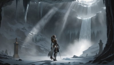 1girl,solo,long hair,brown hair,black hair,gloves,holding,very long hair,standing,ponytail,weapon,multicolored hair,boots,outdoors,sword,water,from behind,holding weapon,armor,tree,holding sword,sunlight,scenery,light rays,mountain,sunbeam,wide shot,waterfall,cliff,cave,1boy,male focus,cloud,cape,helmet,cloudy sky,shoulder armor,gauntlets,sheath,snow,pauldrons,breastplate,facing away,armored boots,pillar,knight,ambiguous gender,fog