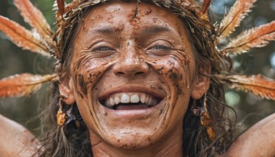 1girl,solo,long hair,looking at viewer,smile,open mouth,brown hair,black hair,hair ornament,jewelry,:d,earrings,teeth,dark skin,blurry,lips,depth of field,blurry background,upper teeth only,feathers,portrait,realistic,headdress,feather hair ornament,1boy,male focus,facial hair