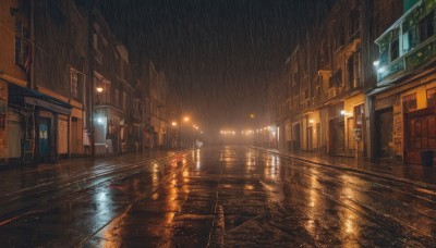 outdoors,sky,water,dutch angle,no humans,night,ground vehicle,building,scenery,reflection,rain,city,sign,light,road,cityscape,bridge,lamppost,street,puddle,vanishing point,window,night sky,dark,city lights,pavement,crosswalk