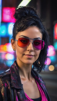 1girl,solo,looking at viewer,smile,shirt,black hair,jewelry,closed mouth,collarbone,jacket,upper body,earrings,outdoors,open clothes,glasses,hair bun,blurry,black eyes,open jacket,lips,black jacket,makeup,depth of field,blurry background,piercing,single hair bun,sunglasses,ear piercing,realistic,nose,stud earrings,leather,tinted eyewear,leather jacket,aviator sunglasses,short hair,artist name,twitter username,facial hair,watermark,thick eyebrows,portrait,bokeh