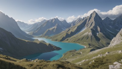 outdoors,sky,day,cloud,water,tree,blue sky,no humans,cloudy sky,grass,nature,scenery,rock,mountain,river,landscape,mountainous horizon,lake,cliff