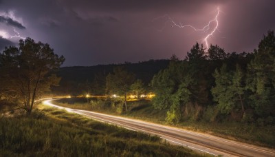 outdoors,sky,cloud,tree,no humans,night,cloudy sky,grass,ground vehicle,nature,scenery,motor vehicle,forest,electricity,car,road,lightning,night sky,mountain,landscape,path