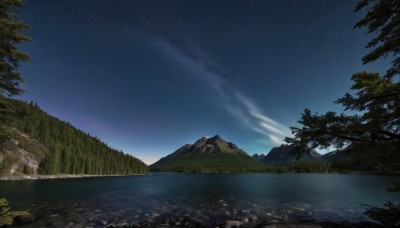 outdoors,sky,cloud,water,tree,no humans,night,grass,star (sky),nature,night sky,scenery,forest,starry sky,reflection,rock,mountain,river,landscape,lake,signature