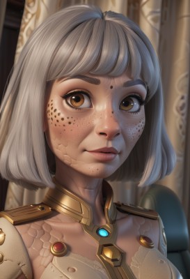 1girl,solo,breasts,looking at viewer,smile,short hair,bangs,brown eyes,closed mouth,upper body,grey hair,artist name,blurry,lips,eyelashes,makeup,blurry background,bob cut,thick eyebrows,portrait,freckles,science fiction,realistic,nose,cyborg,brown hair,armor,light smile,close-up,scales