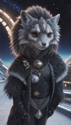 solo,looking at viewer,long sleeves,1boy,animal ears,brown eyes,jewelry,closed mouth,standing,jacket,male focus,cowboy shot,outdoors,open clothes,sky,belt,pants,artist name,signature,necklace,coat,black jacket,fur trim,night,animal,black pants,ring,brooch,gem,star (sky),night sky,furry,pendant,starry sky,fur collar,black coat,hands in pockets,furry male,leather,white fur,black fur,fluffy,1girl,star (symbol),wolf