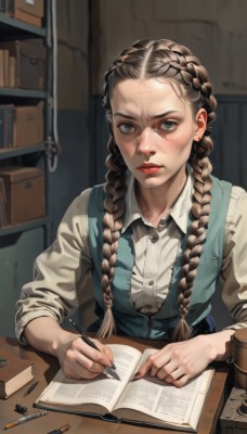 1girl,solo,long hair,looking at viewer,blush,blue eyes,brown hair,shirt,long sleeves,holding,twintails,jewelry,sitting,closed mouth,white shirt,upper body,braid,earrings,parted lips,collared shirt,indoors,nail polish,blurry,vest,twin braids,lips,fingernails,grey eyes,book,makeup,buttons,scar,table,lipstick,black nails,hair over shoulder,forehead,sleeves rolled up,freckles,paper,open book,nose,bookshelf,red lips,pen,stud earrings,pencil,holding pen,writing,holding pencil,breasts,medium breasts,cup,dress shirt,depth of field,blurry background,expressionless,serious,realistic,blue vest,mascara,bookmark