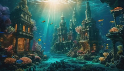 outdoors,water,no humans,ocean,animal,sunlight,building,scenery,fish,bubble,light rays,stairs,underwater,fantasy,air bubble,architecture,sunbeam,ruins,pillar,castle,church,arch,turtle,coral,day