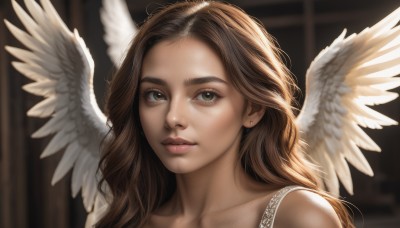 1girl,solo,long hair,looking at viewer,smile,brown hair,bare shoulders,brown eyes,jewelry,closed mouth,collarbone,earrings,wings,blurry,lips,eyelashes,blurry background,portrait,feathered wings,freckles,angel wings,realistic,nose,white wings,angel,stud earrings,window,thick eyebrows