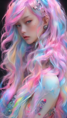 1girl,solo,long hair,looking at viewer,bangs,blue eyes,blonde hair,simple background,hair ornament,jewelry,blue hair,upper body,pink hair,multicolored hair,earrings,parted lips,hairclip,from side,two-tone hair,lips,grey eyes,eyelashes,makeup,wavy hair,piercing,black background,eyeshadow,freckles,pink lips,blush,bare shoulders,closed mouth,heart,artist name,tattoo,gradient hair,watermark,ring,gem,ear piercing,web address,realistic,nose,mascara,rainbow hair