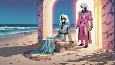 1girl,smile,blonde hair,1boy,dress,sitting,jacket,outdoors,multiple boys,necktie,day,pants,2boys,water,blue dress,colored skin,ocean,beach,parody,formal,suit,crossover,skull,horizon,pink jacket,skeleton,pillar,afro,pink pants,gloves,male focus,sky,sand,blue skin,bald