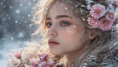 1girl, solo, blue eyes, blonde hair, hair ornament, flower, parted lips, hair flower, water, blurry, lips, eyelashes, portrait, snow, pink flower, snowing, realistic, nose, winter