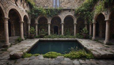 outdoors,day,water,tree,no humans,window,sunlight,grass,plant,building,scenery,stairs,ruins,pillar,arch,moss,overgrown,column,flower,bush,architecture,vines,bridge,garden