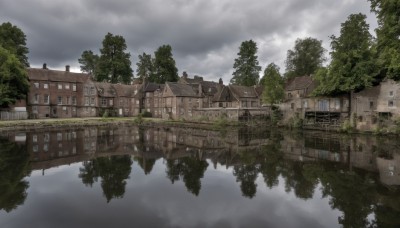 outdoors,sky,day,cloud,water,tree,no humans,window,cloudy sky,building,nature,scenery,reflection,house,fantasy,railing,reflective water