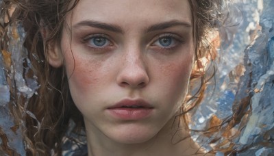 1girl,solo,long hair,looking at viewer,blue eyes,brown hair,parted lips,water,lips,eyelashes,portrait,snow,close-up,freckles,realistic,nose,closed mouth,grey eyes,expressionless