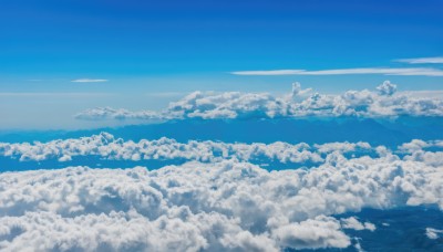 monochrome,outdoors,sky,day,cloud,blue sky,no humans,ocean,cloudy sky,scenery,blue theme,horizon,landscape,above clouds,water