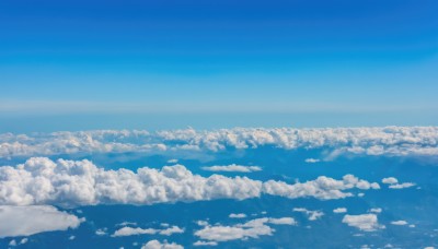 monochrome,outdoors,sky,day,cloud,blue sky,no humans,cloudy sky,scenery,blue theme,horizon,above clouds,water,ocean