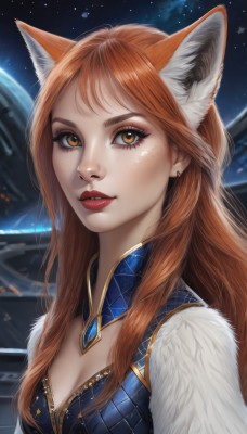 1girl,solo,long hair,breasts,looking at viewer,brown hair,animal ears,cleavage,brown eyes,jewelry,medium breasts,upper body,earrings,parted lips,orange hair,lips,orange eyes,animal ear fluff,fur trim,fox ears,eyelashes,makeup,lipstick,star (sky),starry sky,freckles,nose,red lips,space,planet,bangs,sky,artist name,fox girl,realistic,fur