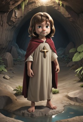 1girl,solo,looking at viewer,short hair,brown hair,dress,brown eyes,standing,full body,outdoors,barefoot,pointy ears,medium hair,water,cape,toes,sunlight,cross,plant,child,nature,cloak,forest,rock,red cape,female child,blue eyes,closed mouth,lips,leaf,robe,realistic