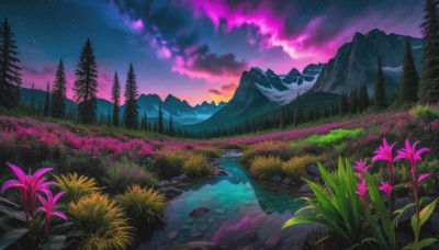 flower, outdoors, sky, cloud, water, tree, no humans, night, grass, star (sky), nature, night sky, scenery, forest, starry sky, reflection, mountain, river, landscape, mountainous horizon, lake, purple sky