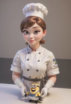 1girl,solo,looking at viewer,smile,short hair,brown hair,gloves,hat,holding,jewelry,closed mouth,upper body,short sleeves,earrings,white gloves,black eyes,apron,lips,grey eyes,makeup,buttons,white headwear,lipstick,double-breasted,chef hat,chef,bangs,green eyes,ponytail,holding hands,realistic,nose