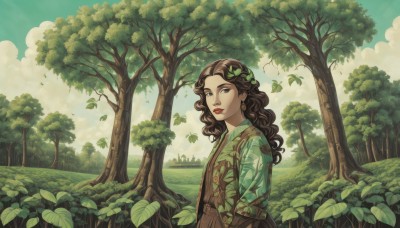 1girl,solo,long hair,looking at viewer,brown hair,shirt,hair ornament,brown eyes,upper body,outdoors,sky,day,cloud,tree,blue sky,lips,makeup,leaf,wavy hair,sunlight,suspenders,cloudy sky,grass,plant,lipstick,nature,scenery,forest,curly hair,green shirt,red lips,overalls,leaf hair ornament,blue eyes,jewelry,earrings,from side