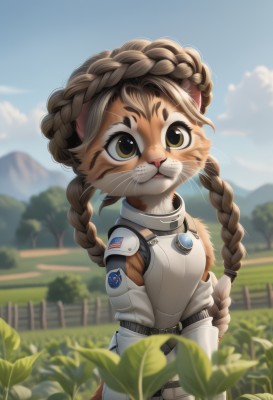 1girl,solo,long hair,smile,bangs,brown hair,animal ears,brown eyes,very long hair,standing,tail,yellow eyes,braid,cowboy shot,outdoors,detached sleeves,sky,day,belt,artist name,cloud,cat ears,signature,armor,blurry,twin braids,flat chest,tree,blue sky,:3,depth of field,blurry background,grass,cat girl,furry,freckles,breastplate,mountain,fence,furry female,body fur,animal nose,mountainous horizon,looking at viewer,leaf,whiskers