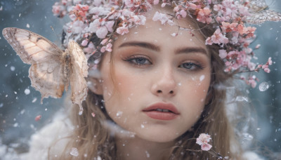 1girl, solo, long hair, looking at viewer, blue eyes, brown hair, flower, parted lips, teeth, blurry, lips, petals, eyelashes, bug, cherry blossoms, butterfly, portrait, snow, snowing, realistic, nose, branch