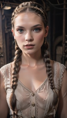 1girl,solo,long hair,breasts,looking at viewer,blue eyes,brown hair,dress,cleavage,jewelry,medium breasts,collarbone,upper body,braid,earrings,small breasts,parted lips,sleeveless,white dress,mole,blurry,twin braids,lips,see-through,depth of field,blurry background,hair over shoulder,forehead,freckles,realistic,nose,hairband,teeth,artist name,indoors,no bra,sleeveless dress,mole under mouth,mole on cheek