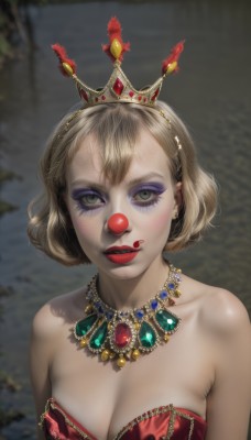 1girl,solo,breasts,looking at viewer,short hair,bangs,blonde hair,dress,cleavage,bare shoulders,jewelry,medium breasts,green eyes,collarbone,upper body,earrings,necklace,blurry,lips,grey eyes,eyelashes,strapless,makeup,blurry background,red dress,tiara,crown,lipstick,gem,eyeshadow,realistic,red lips,eyeliner,mascara,green gemstone,large breasts,parted lips