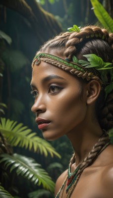 1girl,solo,long hair,brown hair,hair ornament,bare shoulders,brown eyes,jewelry,braid,earrings,outdoors,dark skin,necklace,blurry,dark-skinned female,tree,lips,eyelashes,depth of field,blurry background,headband,leaf,plant,portrait,nature,freckles,realistic,nose,looking afar,tribal,profile,makeup,sunlight,multiple braids