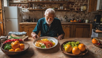 solo,shirt,long sleeves,1boy,sitting,closed mouth,closed eyes,upper body,white hair,grey hair,male focus,food,collared shirt,indoors,fruit,facial hair,chair,table,bottle,blue shirt,facing viewer,beard,plate,bowl,realistic,mustache,basket,old,old man,orange (fruit),kitchen,photo background,tomato,vegetable,counter,wrinkled skin,cutting board,holding,blurry,cup,looking down,polka dot,knife,spoon,fork,carrot,grapes,banana,lemon,eggplant,polka dot shirt,steak,pineapple