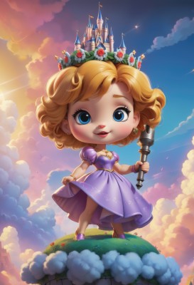 1girl,solo,breasts,looking at viewer,smile,short hair,open mouth,blue eyes,blonde hair,dress,holding,cleavage,jewelry,standing,full body,weapon,flower,short sleeves,earrings,outdoors,parted lips,sky,day,puffy sleeves,artist name,cloud,necklace,chibi,bracelet,puffy short sleeves,lips,eyelashes,makeup,cloudy sky,grass,crown,lipstick,child,purple dress,curly hair,skirt hold,red lips,head wreath,purple footwear,castle,tower,princess,shoes,sparkle,wand