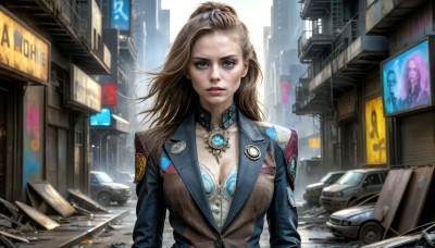 HQ,1girl,solo,long hair,breasts,looking at viewer,blue eyes,large breasts,brown hair,cleavage,jewelry,medium breasts,jacket,upper body,outdoors,parted lips,choker,signature,necklace,uniform,lips,makeup,lipstick,ground vehicle,building,motor vehicle,pendant,science fiction,rain,city,sign,realistic,nose,car,road,badge,police,street,police uniform,skyscraper,cyberpunk,blonde hair,wind,dirty