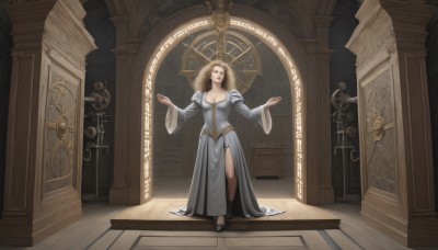 1girl,solo,long hair,breasts,blonde hair,large breasts,long sleeves,dress,cleavage,medium breasts,standing,full body,closed eyes,weapon,sword,indoors,wide sleeves,white dress,high heels,outstretched arms,wooden floor,carpet,looking at viewer,brown hair,brown eyes,lips,sunlight,corset,realistic,door,red lips,wide shot