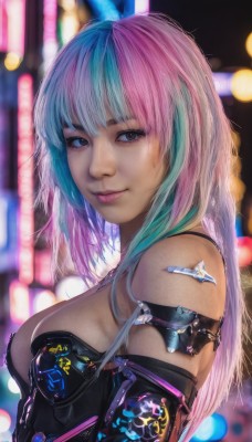 1girl,solo,long hair,breasts,looking at viewer,smile,bangs,gloves,cleavage,bare shoulders,medium breasts,closed mouth,blue hair,upper body,pink hair,multicolored hair,elbow gloves,blurry,black eyes,from side,two-tone hair,lips,grey eyes,aqua hair,blurry background,realistic,nose,cyberpunk,makeup,science fiction