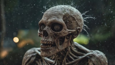 solo,looking at viewer,open mouth,1boy,male focus,teeth,blurry,no humans,depth of field,blurry background,portrait,1other,skull,monster,realistic,skeleton,alien,horror (theme),blue eyes,upper body,bone