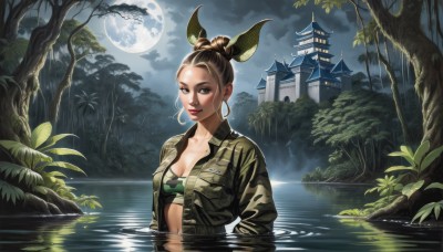 1girl,solo,breasts,looking at viewer,brown hair,black hair,cleavage,brown eyes,jewelry,medium breasts,underwear,collarbone,jacket,upper body,earrings,outdoors,parted lips,open clothes,sky,cloud,water,hair bun,bra,open jacket,tree,lips,wet,makeup,night,leaf,moon,single hair bun,lipstick,nature,night sky,full moon,forest,partially submerged,hoop earrings,architecture,camouflage,east asian architecture,hair ornament,navel,midriff,building,scenery,reflection,realistic,castle