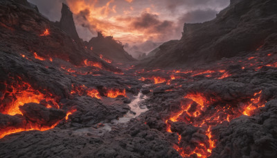 outdoors, sky, cloud, no humans, cloudy sky, fire, scenery, rock, mountain, landscape, molten rock