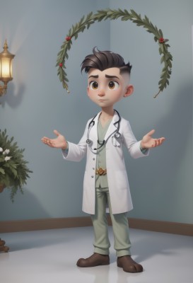 solo,smile,short hair,brown hair,shirt,1boy,brown eyes,standing,full body,male focus,shoes,belt,pants,indoors,shadow,plant,child,green shirt,labcoat,male child,undercut,stethoscope,doctor,artist name