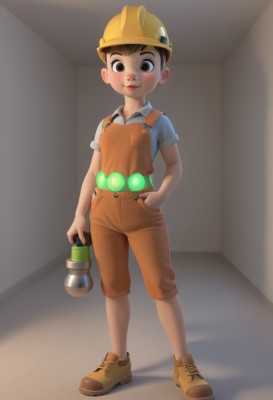 solo,looking at viewer,smile,short hair,brown hair,shirt,1boy,hat,holding,brown eyes,closed mouth,standing,full body,short sleeves,male focus,shoes,shorts,indoors,helmet,blue shirt,child,hand in pocket,overalls,male child,blush,pants,flashlight,hardhat