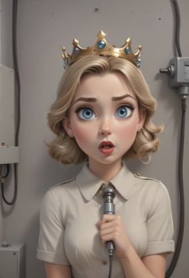 1girl,solo,breasts,looking at viewer,short hair,open mouth,blue eyes,blonde hair,shirt,holding,jewelry,medium breasts,white shirt,upper body,short sleeves,earrings,parted lips,necktie,teeth,collared shirt,indoors,lips,eyelashes,crown,microphone,freckles,realistic,cable,blush,makeup,upper teeth only,gem,nose,red lips